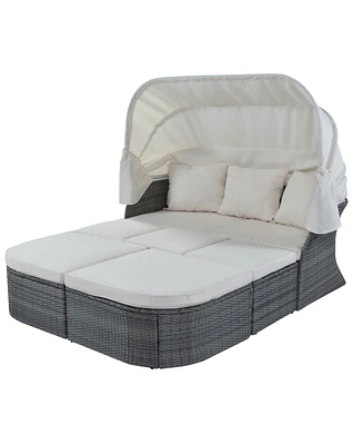 Simplie Fun Outdoor Patio Furniture Set Daybed Sunbed with Retractable Canopy Conversation Set Wicker Furniture
