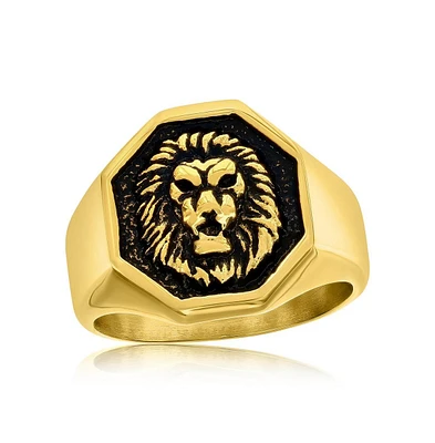 Metallo Stainless Steel Oxidized Lion, Octagon Ring