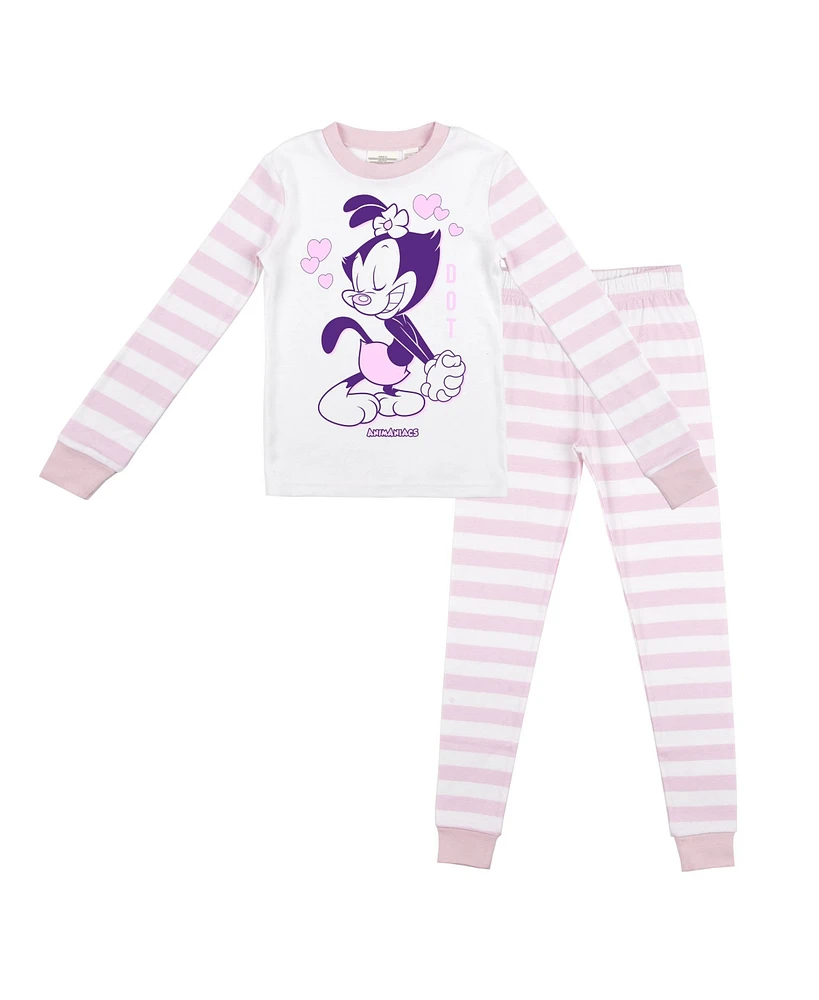Animaniacs Little Girls Dot and Hearts with Pink White Stripe Pattern Youth Long Sleeve Pajama Set