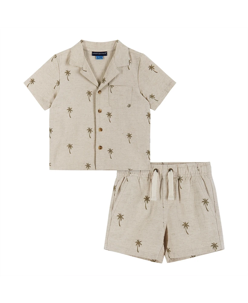 Andy & Evan Baby Boys Beige Palm Print Linen Short Sleeve Buttondown Shirt Set