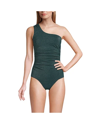 Lands' End Women's Chlorine Resistant Shine Shirred One Shoulder High Leg Piece Swimsuit