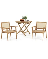 Costway 3 Pieces Patio Table Chair Set Wood Bistro Set with Rattan Seat & Teak Wood Frame