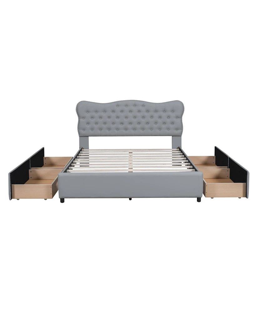 Simplie Fun Queen Pu Leather Upholstered Platform Bed With 4 Drawers