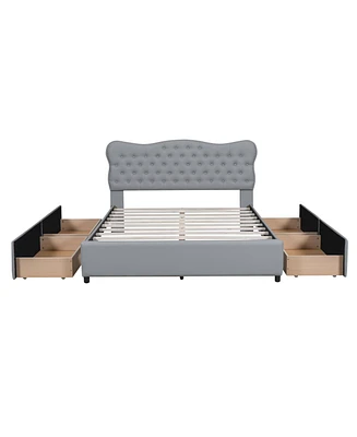 Simplie Fun Queen Pu Leather Upholstered Platform Bed With 4 Drawers