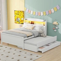 Full Size Platform Bed With Storage Led Headboard, Twin Size Trundle And 3 Drawers