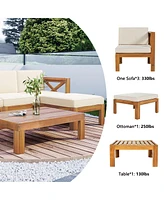 5-Piece Wood Patio Sectional Set with Blue Cushions