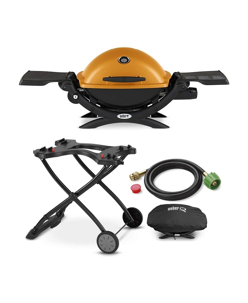 Weber Q1200 Liquid Propane Grill (Orange) with Portable Cart, Hose Bundle