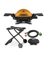 Weber Q1200 Liquid Propane Grill (Orange) with Portable Cart, Hose Bundle