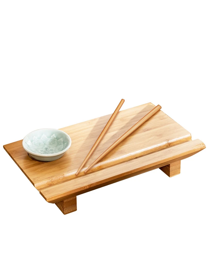 Joyce Chen 3pc Burnished Real Sushi Board Set. 3pc set includes a real sushi board, ceramic soy sauce dish, pair of chopsticks.