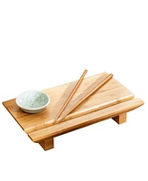 Joyce Chen 3pc Burnished Real Sushi Board Set. 3pc set includes a real sushi board, ceramic soy sauce dish, pair of chopsticks.