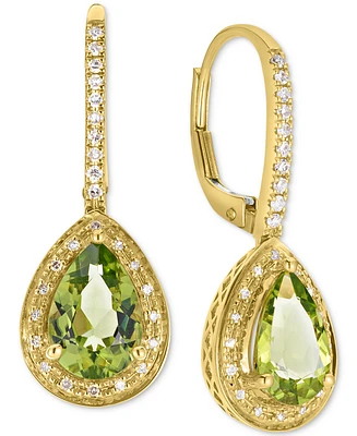 Peridot (2-1/2 ct. t.w.) & Diamond (1/6 ct. t.w.) Pear Halo Leverback Drop Earrings in 14k Gold