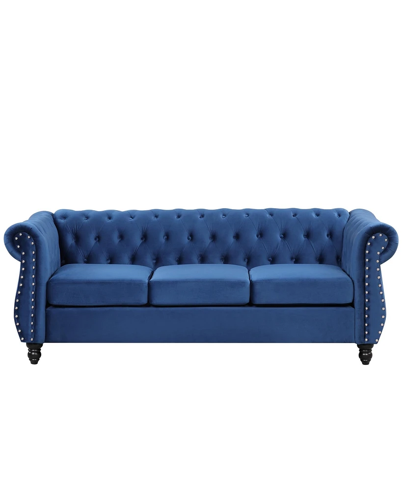 Simplie Fun 82" Modern Sofa Dutch Plush Upholstered Sofa, Solid Wood Legs, Buttoned Tufted Backrest, Blue