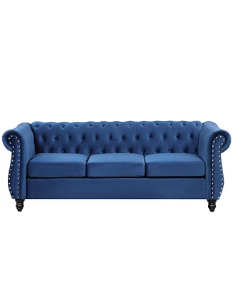 Simplie Fun 82" Modern Sofa Dutch Plush Upholstered Sofa, Solid Wood Legs, Buttoned Tufted Backrest, Blue