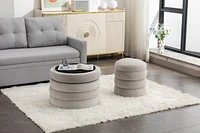 Boucle Fabric Storage Round Ottoman Footstool With Wooden Shelving, Ivory
