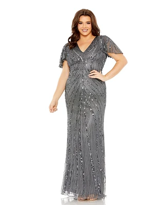 Mac Duggal Plus Flutter Sleeve Embellished Gown