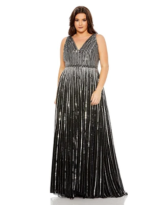 Mac Duggal Women's Plus Sequined Striped Sleeveless V Neck A Line Gown