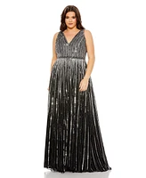 Mac Duggal Women's Plus Sequined Striped Sleeveless V Neck A Line Gown