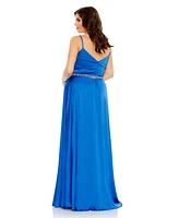 Mac Duggal Plus Size Beaded Belt Faux Wrap A Line Gown