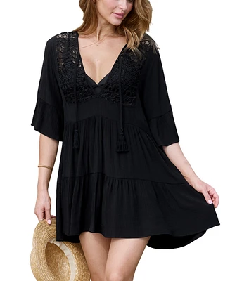 Cupshe Women's Black Half Sleeve Tassel Tie Mini Cover-Up Beach Dress