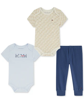 Tommy Hilfiger Baby Boys Logo-Print Bodysuits & Jogger Pants, 3 Piece Set