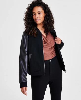 Bar Iii Petite Mixed-Media Bomber Jacket, Created for Macy's