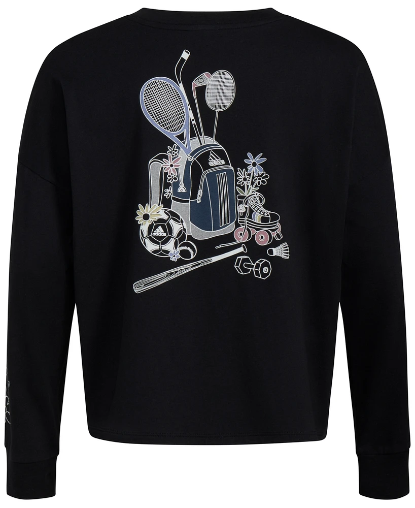 adidas Big Girls Cotton Long-Sleeve Crewneck Graphic T-Shirt