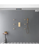 Mondawe 64 Colors Led Light 3 Functions 6 Sprays Flush Ceiling Mounted Thermostatic Shower System with Body Jets and Rough-in Valve Matte Black