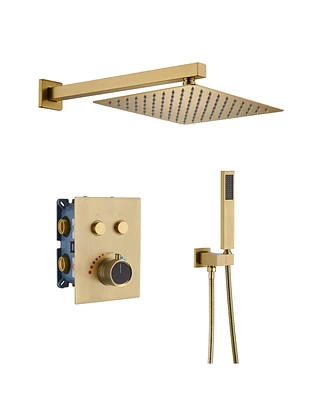 Mondawe 2 Functions Wall Mounted Square Thermostatic Shower System with Rough-in Valve in Brushed Gold