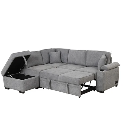 Simplie Fun 87.4" Sleeper Sofa Bed, 2 In 1 Pull Out Sofa Bed L Shaped Couch With Storage Ottoman