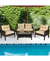 Gymax 4PCS Rattan Wicker Patio Conversation Set Cushioned Outdoor Furniture Set
