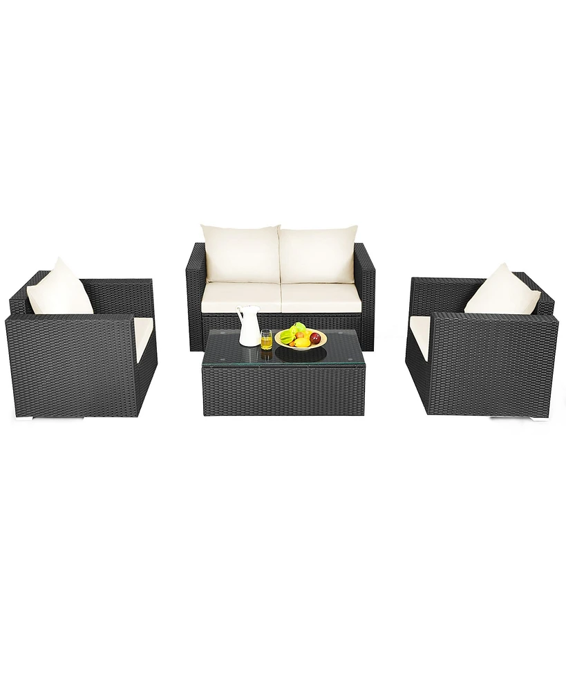 Gymax 4PCS Rattan Patio Conversation Set Outdoor Furniture Set w/ Off White Cushions