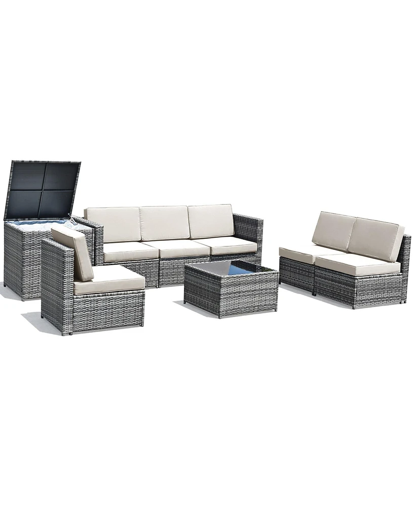 Gymax 8PCS Patio Rattan Sofa Sectional Conversation Furniture Set w/ White Cushion