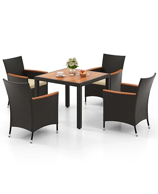 Costway 5 Pcs Patio Dining Table Set for 4 Rattan Conversation Set with Umbrella Hole