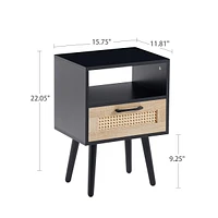 Streamdale Furniture Rattan End table with drawer and solid wood legs, Modern nightstand, side table for living room, bedroom, black