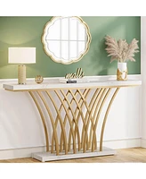 Tribesigns 59.06 inch Gold Console Table, Modern Entryway Table with Grid-Shaped Metal Base for Entrance, Hallway, Entryway, Living Room(White Faux Ma