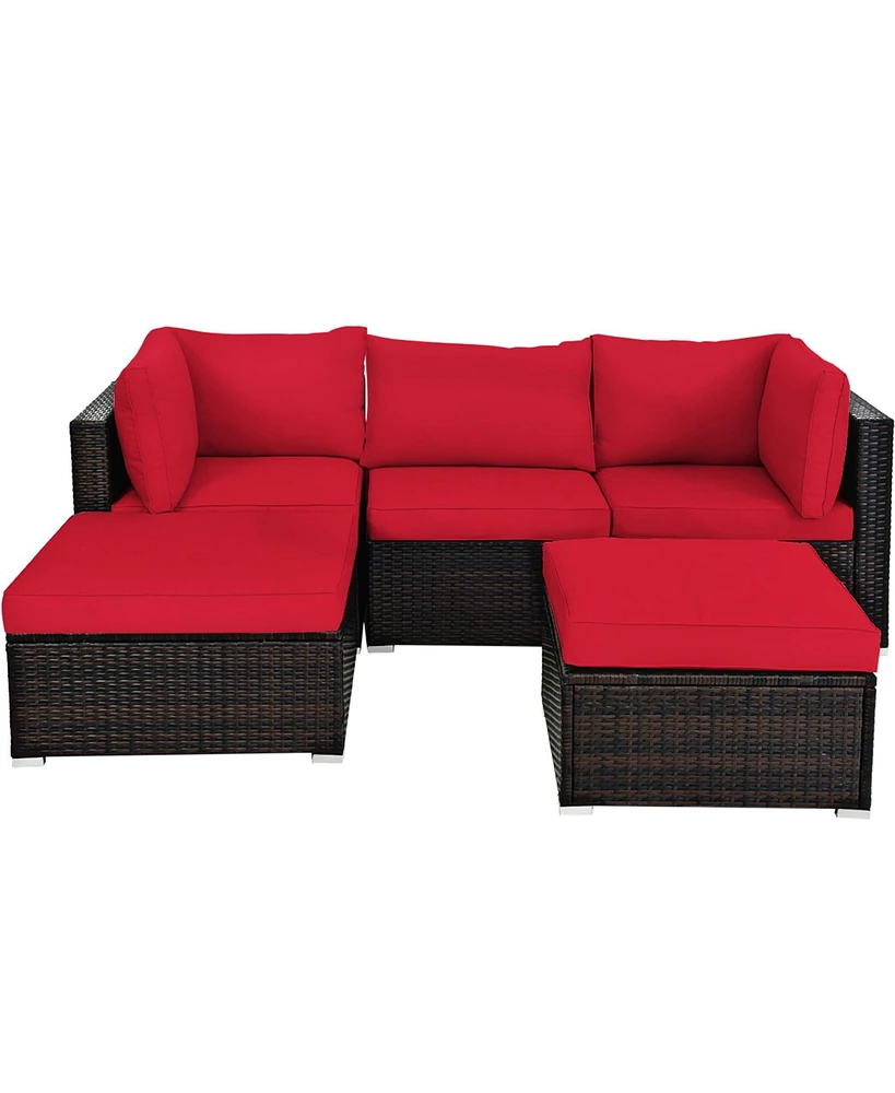 Gymax 5PCS Rattan Patio Conversation Set Outdoor Furniture Set w/ Ottoman Red Cushion