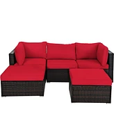 Gymax 5PCS Rattan Patio Conversation Set Outdoor Furniture Set w/ Ottoman Red Cushion