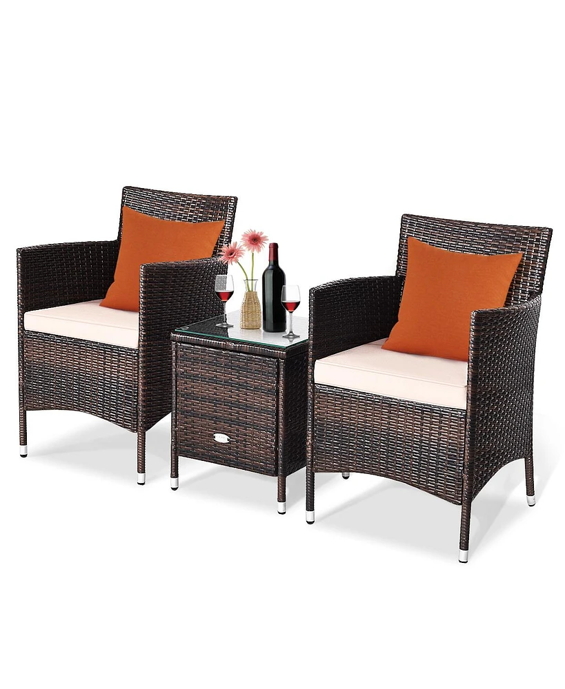 Gymax 3PCS Patio Rattan Chair & Table Furniture Set Outdoor w/ Beige Cushion