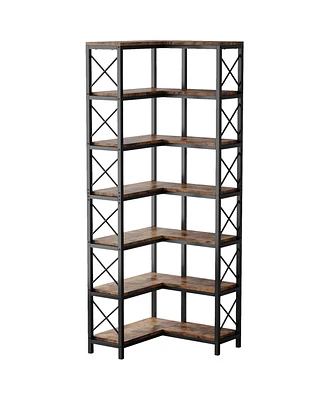 Tribesigns 7-Tier Corner Bookcase, Industrial Large Corner Bookshelf, Tall Corner Shelf Storage Display Rack with Metal Frame for Living Room Home Off