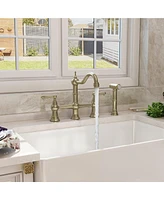 Mondawe Deck Mounted Bridge Kitchen Sink Faucet with Side Spray in Brushed Gold