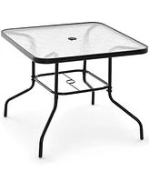 Costway 34 Inch Outdoor Dining Table Square Tempered Glass Table with 1.5" Umbrella Hole