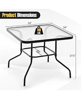 34 Inch Outdoor Dining Table Square Tempered Glass Table with 1.5" Umbrella Hole