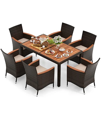 Costway 7 Pieces Outdoor Wicker Dining Set with Acacia Wood Table and 6 Stackable Chairs