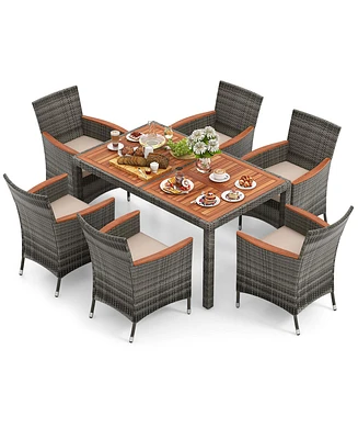 Costway 7 Pieces Outdoor Wicker Dining Set with Acacia Wood Table and 6 Armchairs