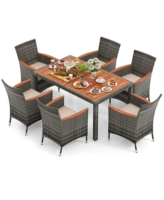 7 Pieces Outdoor Wicker Dining Set with Acacia Wood Table and 6 Armchairs