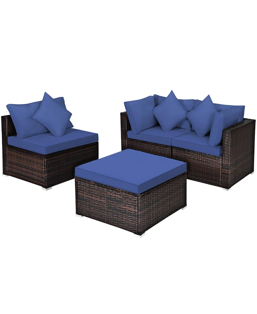 Gymax 4PCS Rattan Patio Conversation Furniture Set Yard Outdoor w/ Navy Cushion