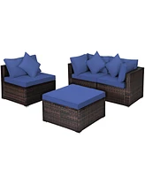 Gymax 4PCS Rattan Patio Conversation Furniture Set Yard Outdoor w/ Navy Cushion