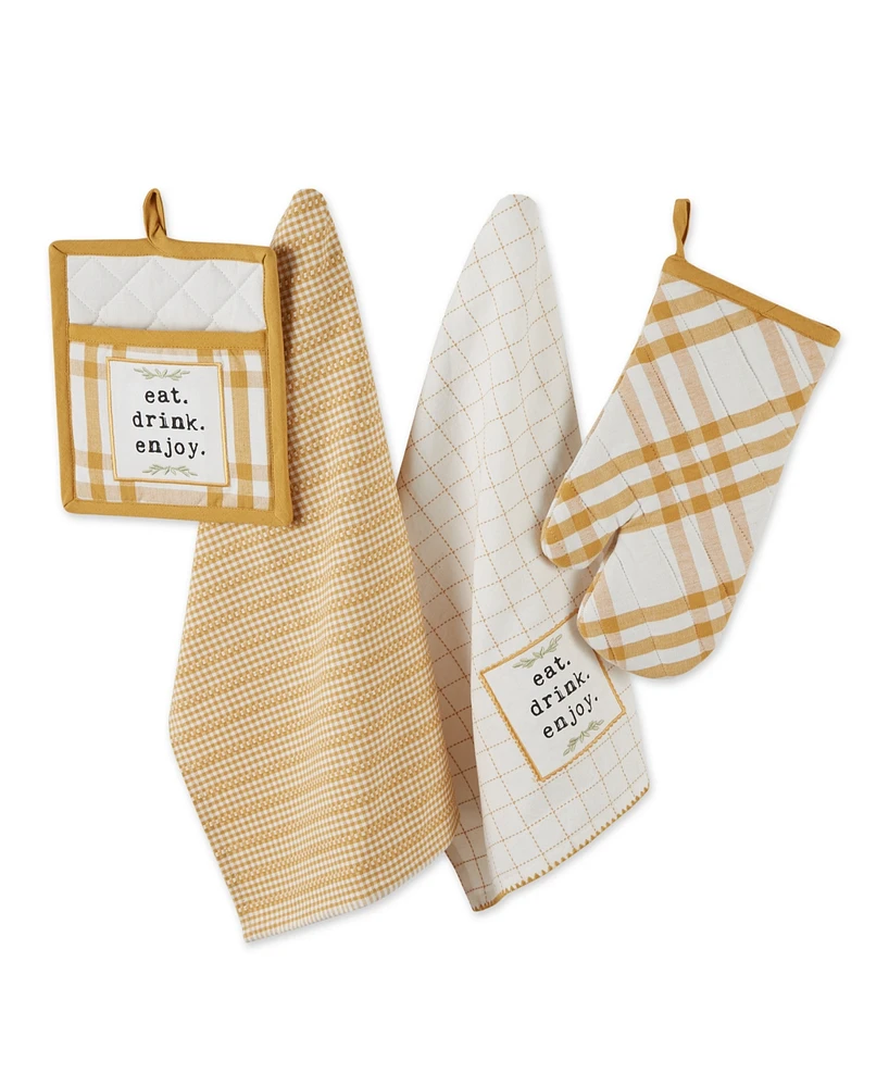 Design Imports Home Sweet Farmhouse Kitchen Collection, Potholder/Oven Mitt/Dishtowel Set, Honey Gold, 4 Count