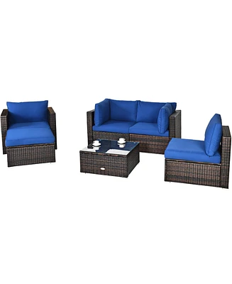 Gymax 6PCS Patio Conversation Set Rattan Sectional Furniture Set w/ Navy Cushion