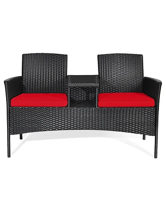 Gymax Rattan Wicker Patio Conversation Set w/ Table Red Cushion